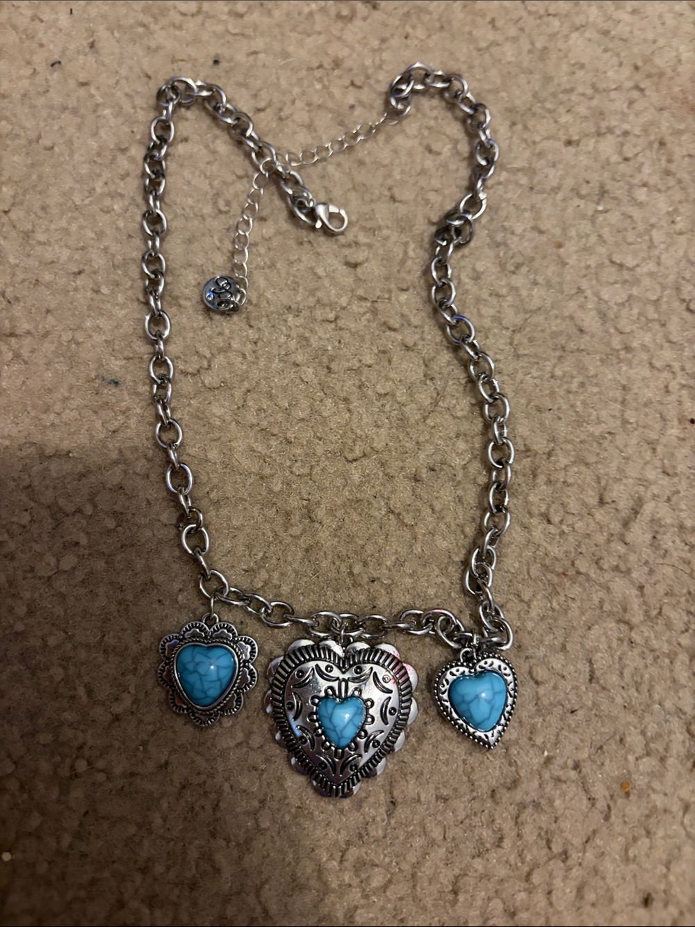 Silver-tone Heart Charm Necklace with Turquoise Stones